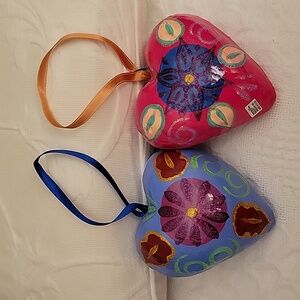 (2) Paper Mache Colorful Heart Ornaments.  Made in Mexico
